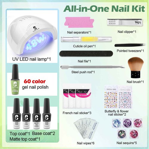 Clara Colors 64 Pcs Gel Nail Polish Kit with UV Light - 60 Colors All Seasons Soak Off Gel Polish Nail Set with Matte/Glossy Base Top Coat Manicure Tools All-In-One Gel Starter Kit Nails Art DIY