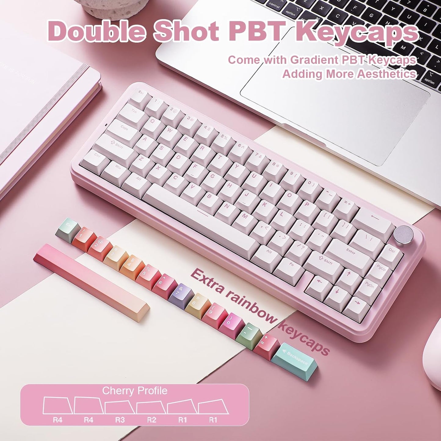 YUNZII B68 Wireless Mechanical Keyboard,Tri-Mode BT5.0/2.4GHz/USB-C,Cute PBT Keycaps,Hot Swappable Creamy Typing Gasket Mounted,RGB Backlit NKRO for Win/Mac (Black, Cocoa Cream V2 Switch)