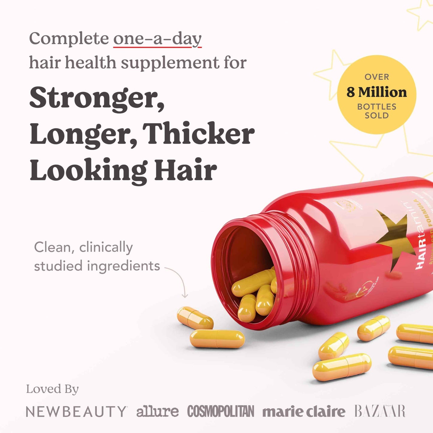 HAIRtamin Advanced Formula Hair Growth Supplement for Women & Men, Supports Stronger, Longer, Visibly Thicker Hair, With 5000 mcg Biotin, Vitamins & Antioxidants, 100% Vegan – 3 Month Supply