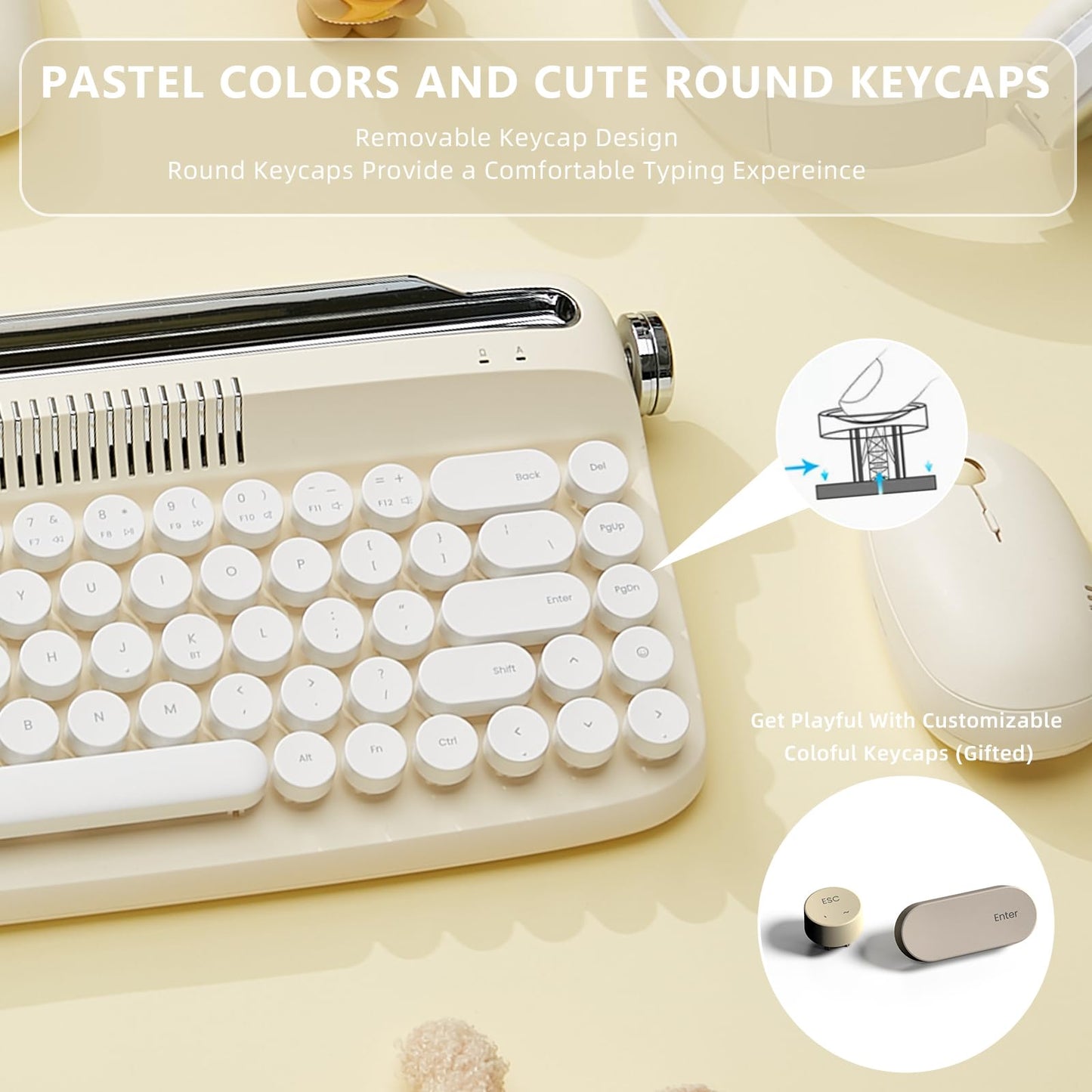 YUNZII Upgraded Wireless Typewriter Keyboard, Retro Aesthetic with Integrated Stand,Cute Round Keycaps, USB-C/Bluetooth Connection for Table, Phone, PC and Win/Mac/Android (B307, Ivory Butter)