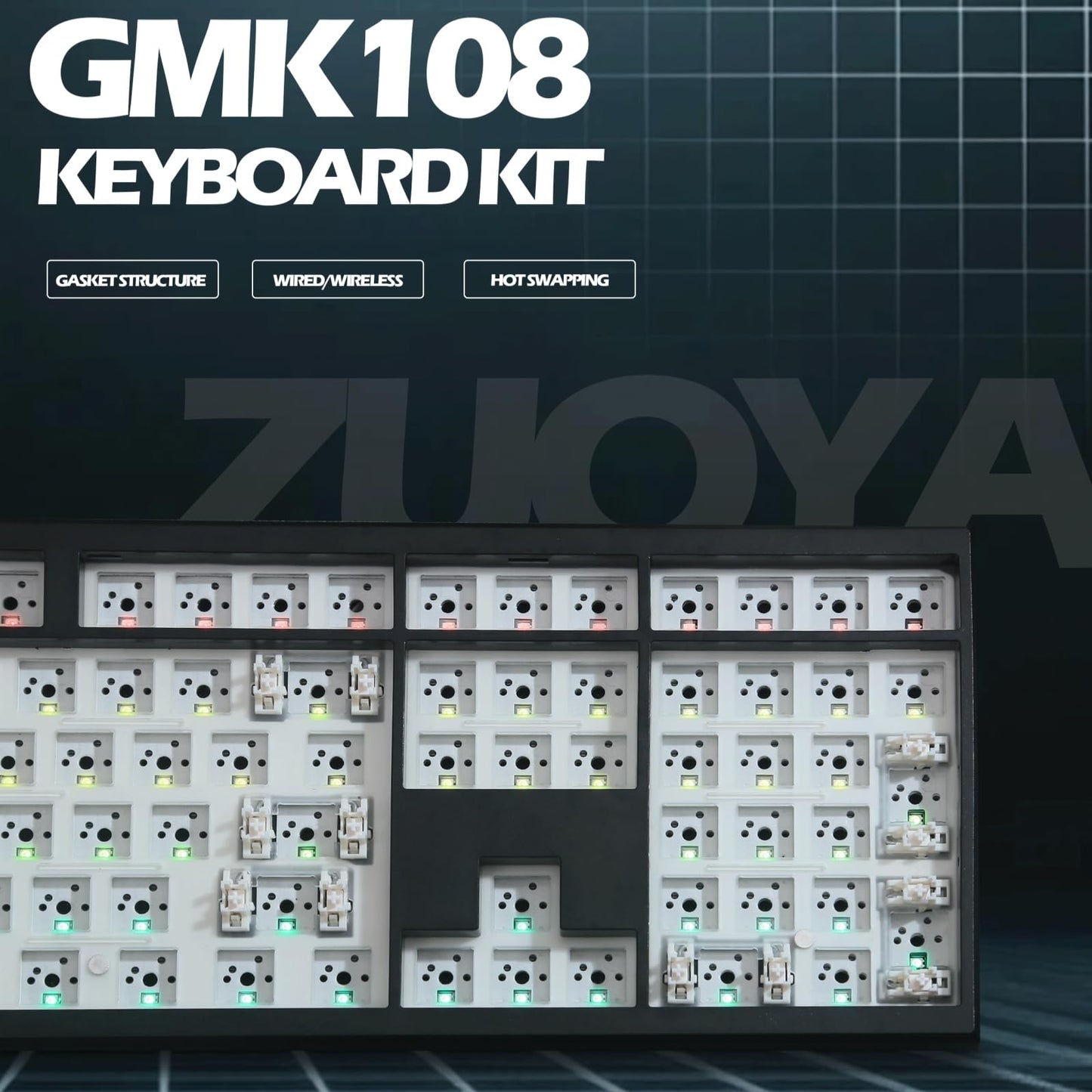 ZMX GMK108 Mechanical Keyboard Kit,108 Keys Full Size VIA Programmable Hot Swap Gasket Mounted PCB Custom RGB Gaming Barebones Keyboard Wireless BT5.0/2.4GHz/USB-C Wired DIY Kit (Black)