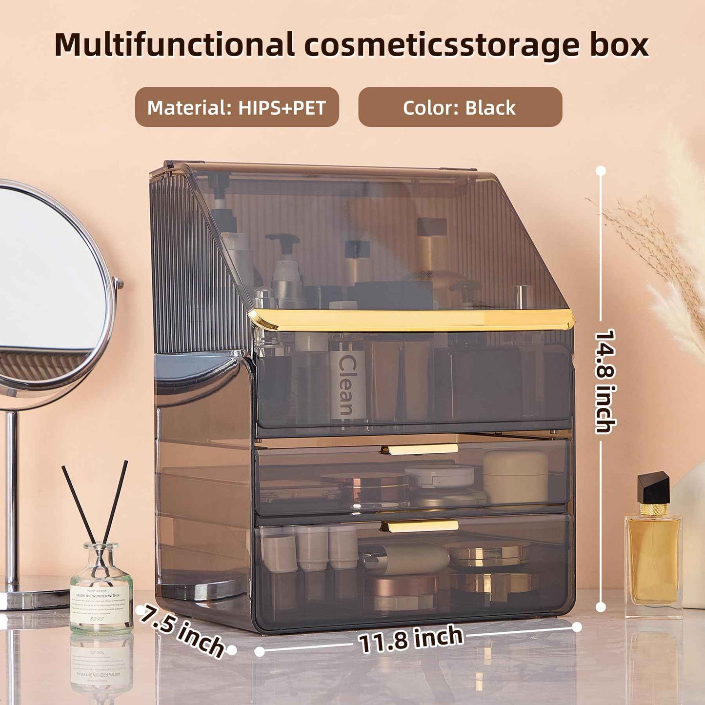 Large Cosmetic Organizer with Lipstick Holder Fully Transparent with Drawers, Dustproof Waterproof Bathroom Counter Storage for Skincare Lipstick Makeup Brushes(Black)