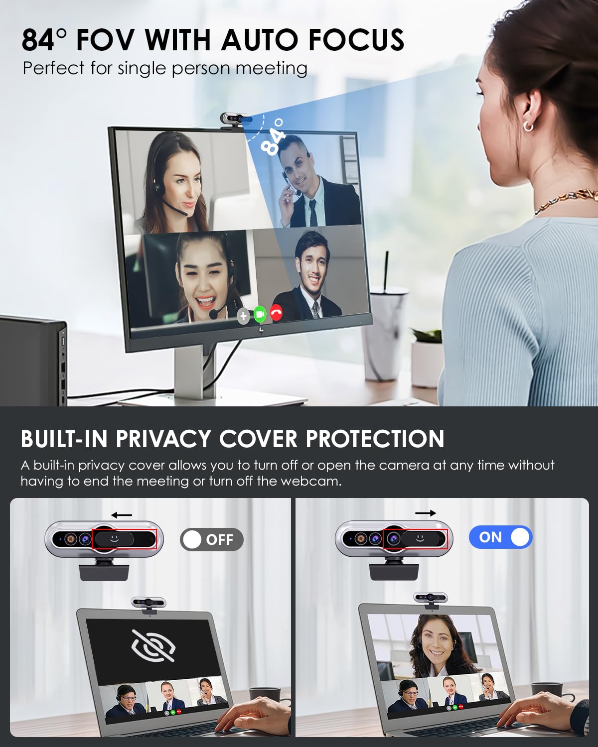 2K HD Webcam with Infrared Windows Hello Facial Recognition, Computer Camera, Privacy Cover, Noise Canceling Microphones, Laptop Webcam For Video Conferencing, Live, Streaming, Online Learning