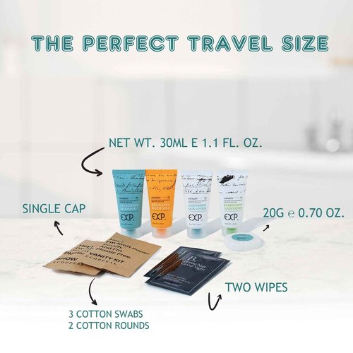 Guestsupply Kits 8-Piece with Travel Size TSA Compliant Essentials, Featuring: Shampoo Conditioner Shower Gel Body Lotion Soap bar Shower Cap Makeup Removers in Sealable Bag. 30 Disposable Toiletries.