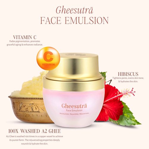 Shankara Gheesutra Face Emulsion with 100X Washed A2 Ghee, Hibiscus, and Vitamin C – Daily Facial Moisturizer for Skin Firming, Toning, and Hydration – Ayurvedic Skin Care for All Skin Types
