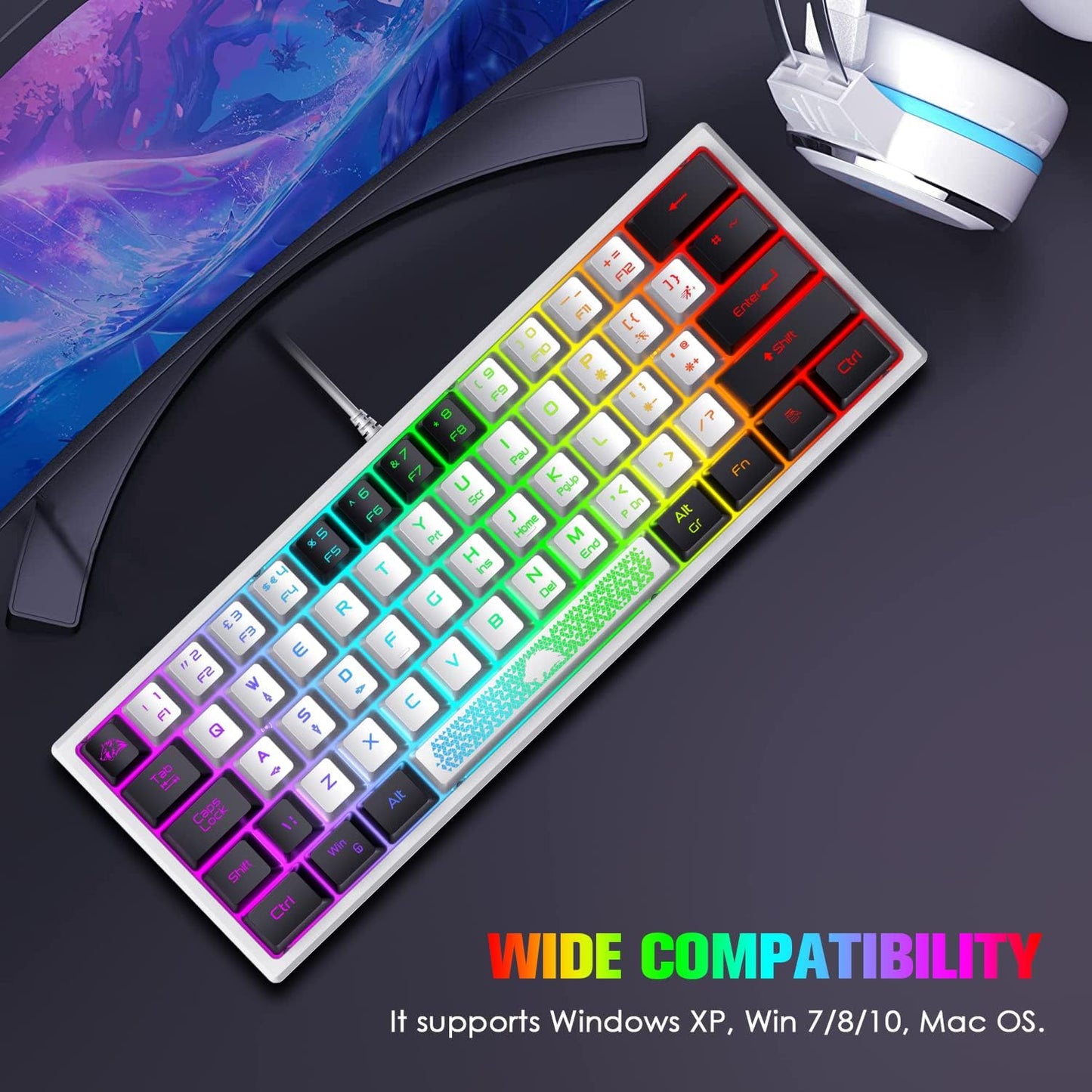 60% Gaming Keyboard and Mouse Combo Small Mini RGB Backlight Mechanical Feeling and Mechanical RGB 6400 DPI Honeycomb Optical Mouse,Gaming Mouse pad for Gamers and Typists Black
