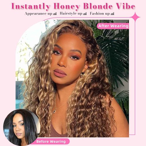 Alidiamond 16Inch Highlighted Deep wave Lace Front Wig Human Hair Honey Blonde Highlight Deep Wave Wigs Human Hair 4/27 Curly Highlighted Wig for Black Women Pre-Plucked 180% Ombre Curly Wigs Glueless