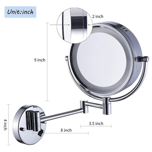 Cavoli Hardwire LED Lighted Wall Magnifying Mirror for Bathroom with 10x Magnification Sliver,9 Inch Round Surface 13" Extendable Arm Polish Chrome
