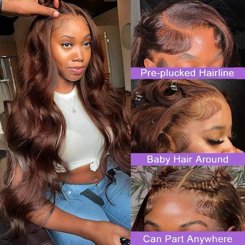 22 Inch Chocolate Brown Lace Front Wig Human Hair 13x6 Body Wave 180 Density HD Pre Plucked with Baby Hair Colored Frontal Wigs for Women
