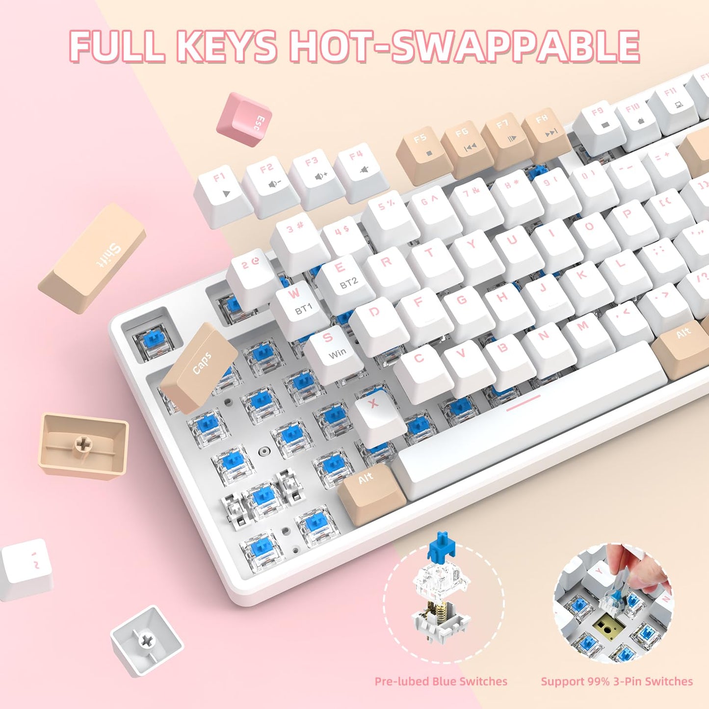 A.JAZZ Wireless Mechanical Keyboard, 87 Keys TKL Hot Swappable Bluetooth Gaming Keyboard, Dual Mode BT5.0/2.4G with Detachable Frame, USB Hub OEM Keycaps Custom Keyboard for Office Gaming(Blue Switch)