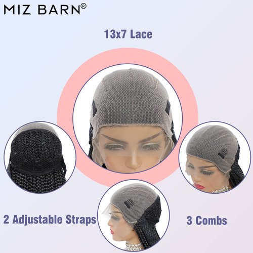 Miz Barn 13X7 Lace Front Knotless Box Braided Wigs 100% Handmade Synthetic Lightweight Twist Braided Wig Swiss Lace Braids Wigs With Baby Hair For Black Women 36" (303-1B)
