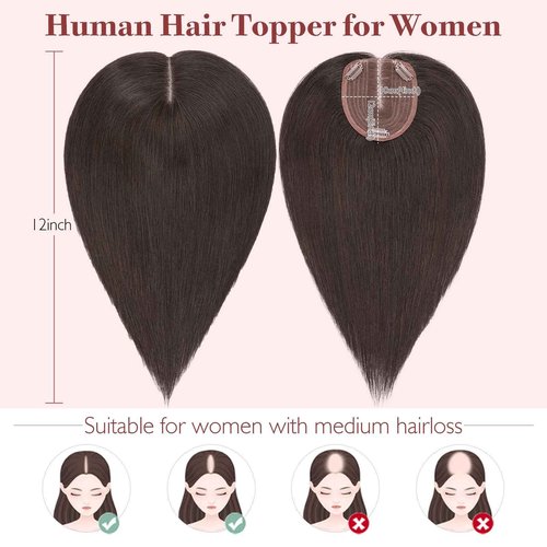 S-noilite Hair Toppers for Women 100% Real Human Hair, 10x12 Upgrade Base Natural Black Remy HairToppers for Women with no Bangs 10inch 35g #Natural Black