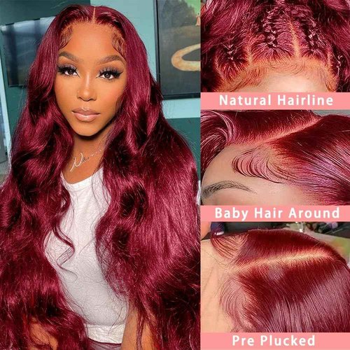 ZGWG Red Frontal Wigs Human Hair 180% Density 13X6 Body Wave Burgundy Lace Front Wigs Hd Lace Front Wigs Pre Plucked Hairline With Baby Hair(Burgundy, 22inch)