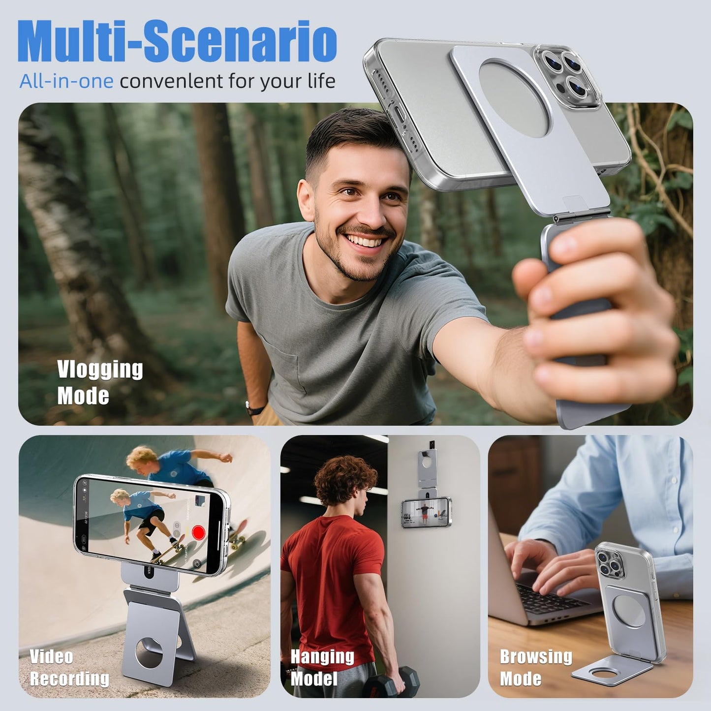 1ST IDEA Phone Tripod Stand, Aluminum Alloy Mini Tripod Compatible with Magsafe iPhone 16/15/14/13/12 Series, Foldable Strong Magnetic Phone Stand, Mult-Angle Adjustment Selfie Stick(Grey)