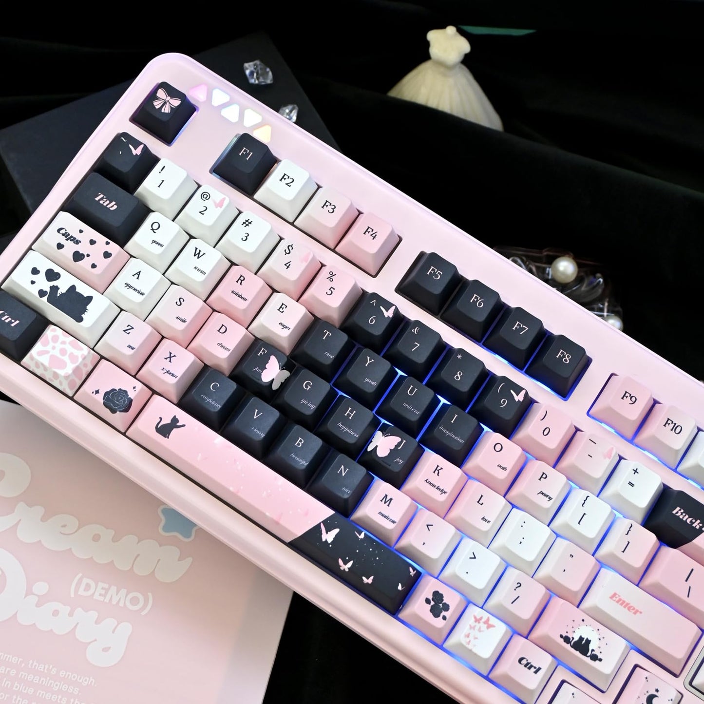 ZMX Black Pink Gradient Keycaps,Cute Cat Aesthetic Rose Custom Keycap Set Cherry Profile Dye Sublimation PBT Keycaps for Cherry MX Switches 60% 75% 100% Mechanical Keyboard (139 Keys)