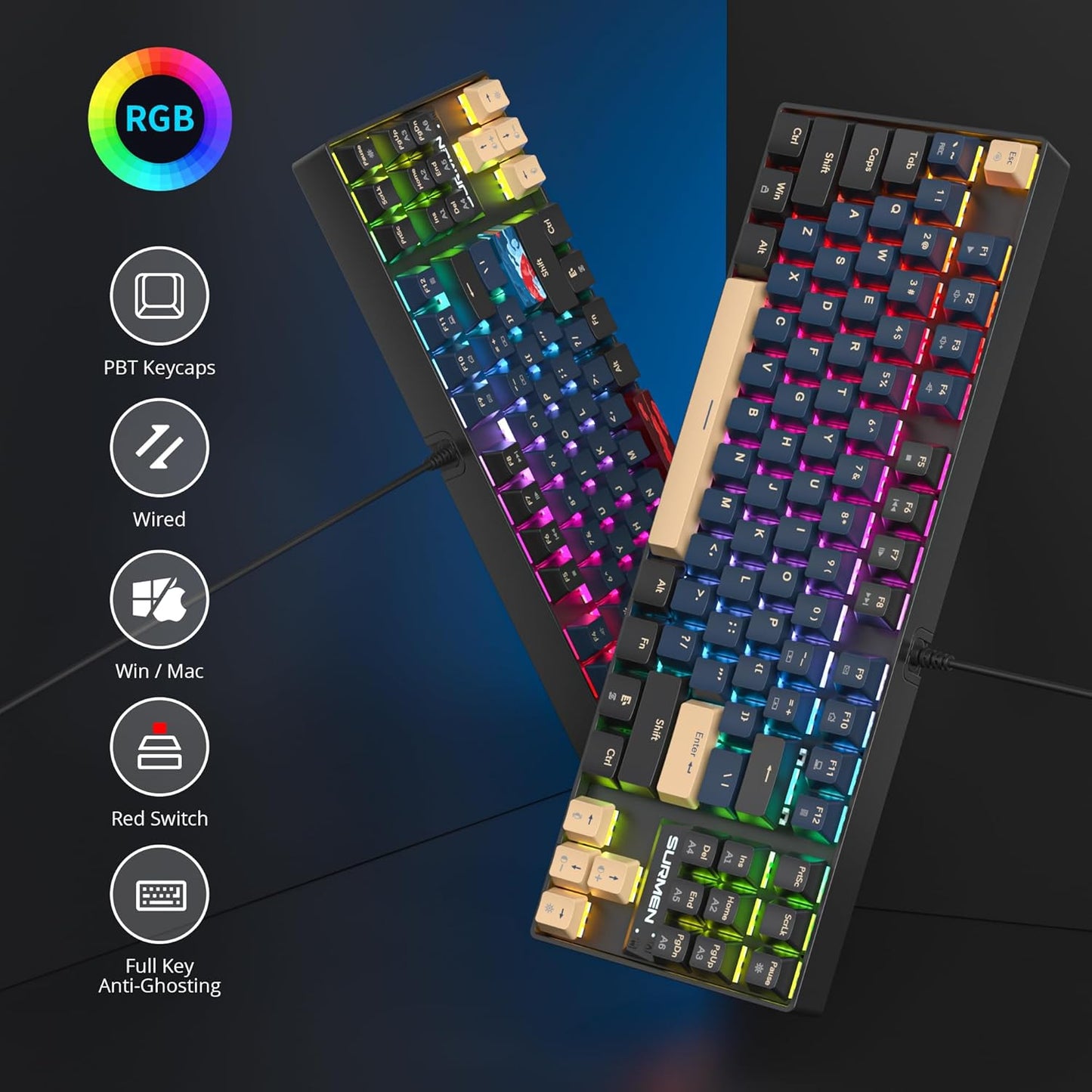 75% Mechanical Gaming Keyboard, 87 Keys Compact TKL Wired Linear Red Switches Detachable USB NKRO RGB Backlight Keyboard for Win/Mac/PS4/PS5/Xbox.(Blue Samurai)