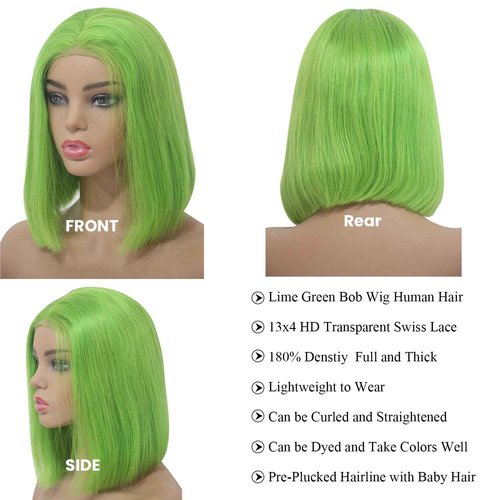 Bob Wig Human Hair Lace Front Wigs Lime Green 13x4 HD Lace Front Wigs Human Hair Pre Plucked Glueless Wigs for Black Women 8 Inch Bob Wig Brazilian Virgin Human Hair Lace Front Wigs 180% Density