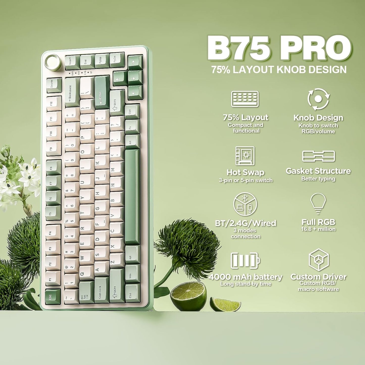 YUNZII B75 PRO Wireless Mechanical Keyboard(Matcha Green, Cocoa Cream V2 Switch), Gaming Mouse Pad(Sweet cat, 31.49'' x 11.8'')