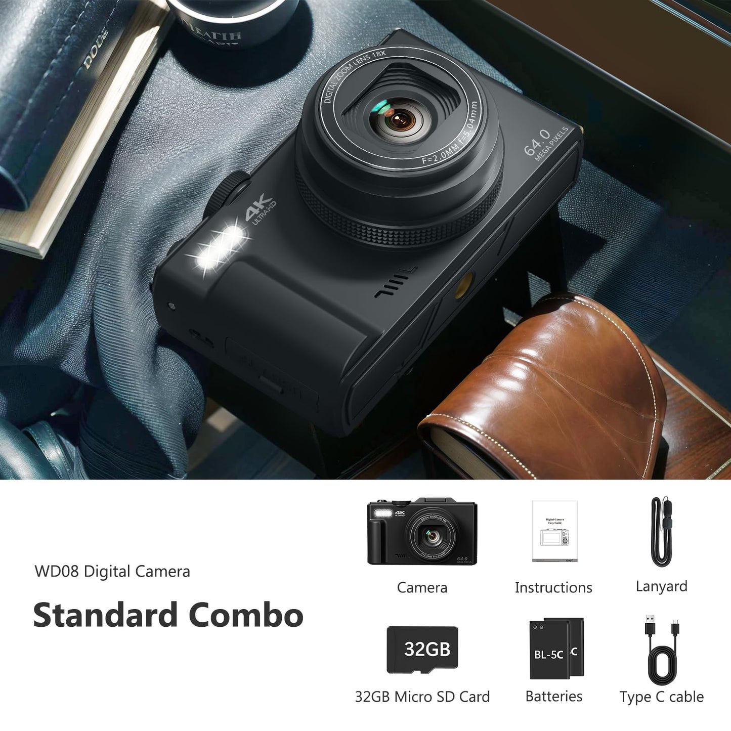 4K Digital Camera for Photography, 64MP Vlogging Camera for YouTube with 3" 180° Flip Screen, 18X Digital Zoom Point and Shoot Camara with 32GB Micro SD Card for Beginner (Black)