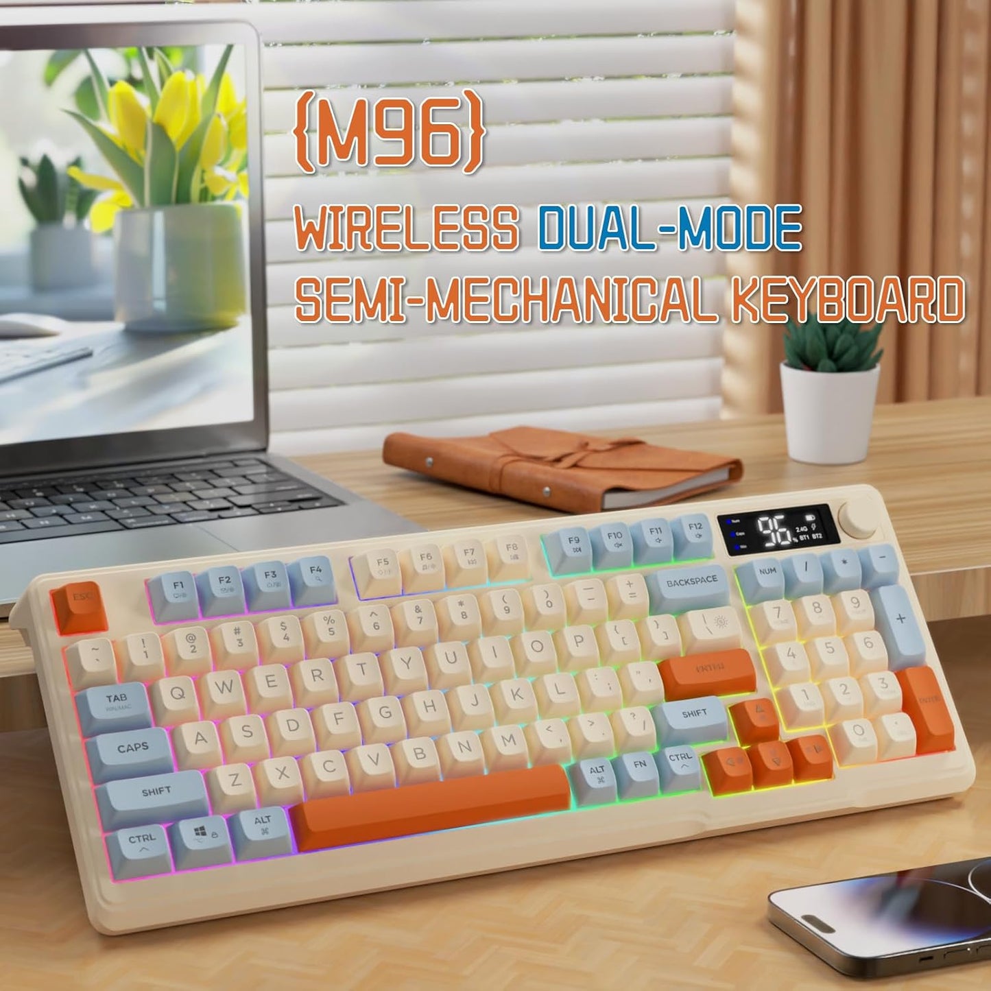 Attack Shark G300 Headset and M96 Wireless Gaming Keyboard,Knob Control BT/2.4G Wireless Keyboard,RGB LED Backlit with Display Screen,PBT Keycap,2000mAh,94-Key Layout for Win/Mac-White and Blueberry