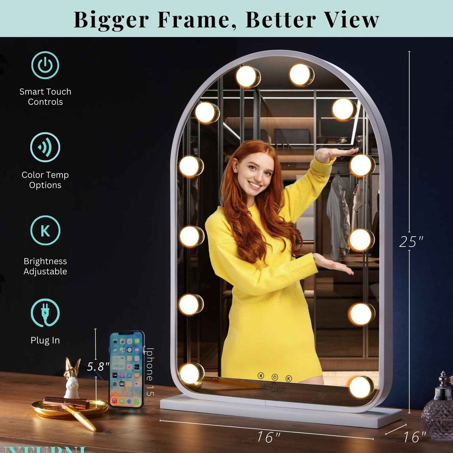 LUXFURNI Vanity Mirror with Lights, 24.5" x 15.8" Arched LED Makeup Mirror, Lighted Hollywood Mirror with Lights, Smart Touch Control Dimmable 3 Modes Light, White