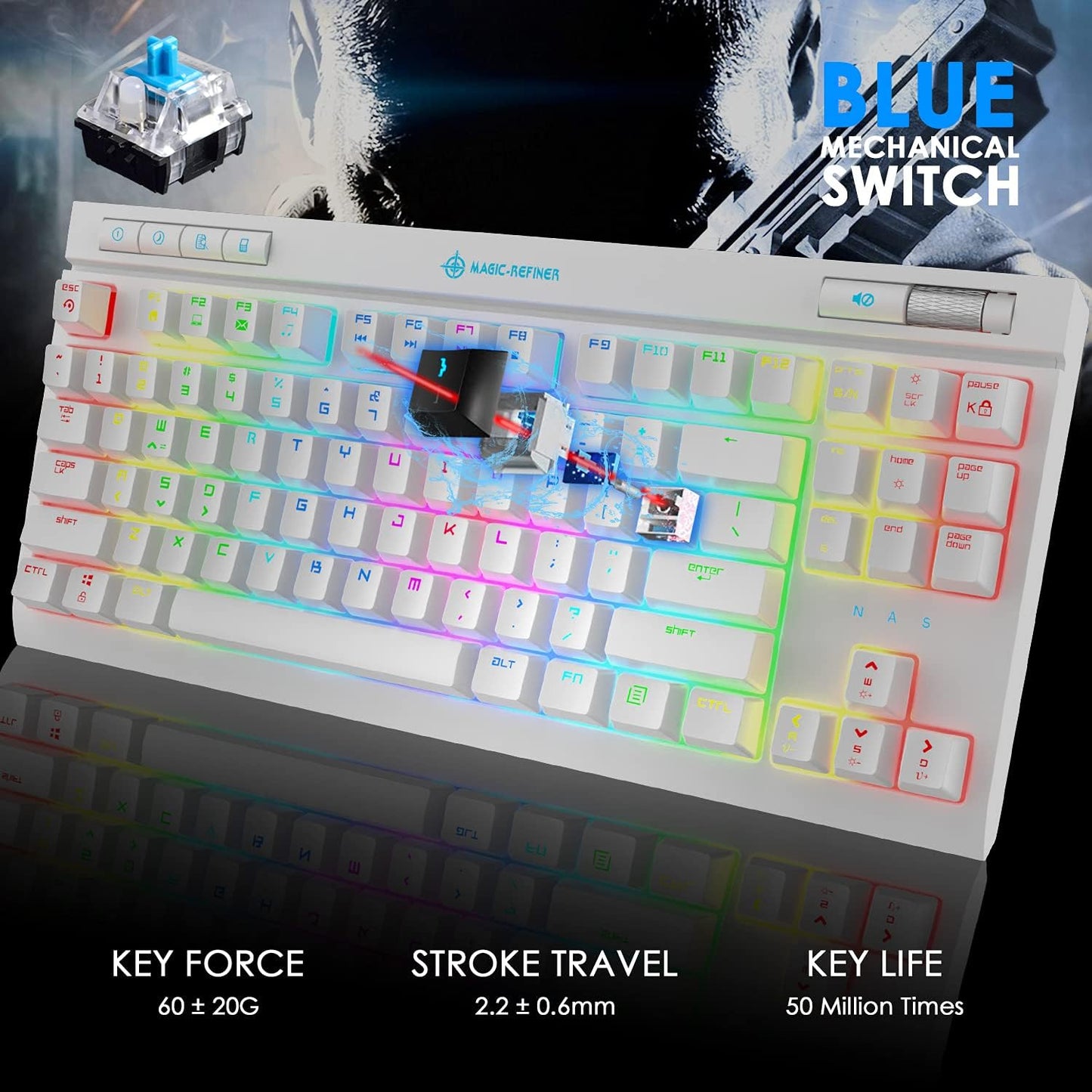 ZIYOU LANG Mechanical Gaming Keyboard, 87 Keys Chroma RGB LED Backlit, Blue Switch, USB-C, PC/Mac Compatible
