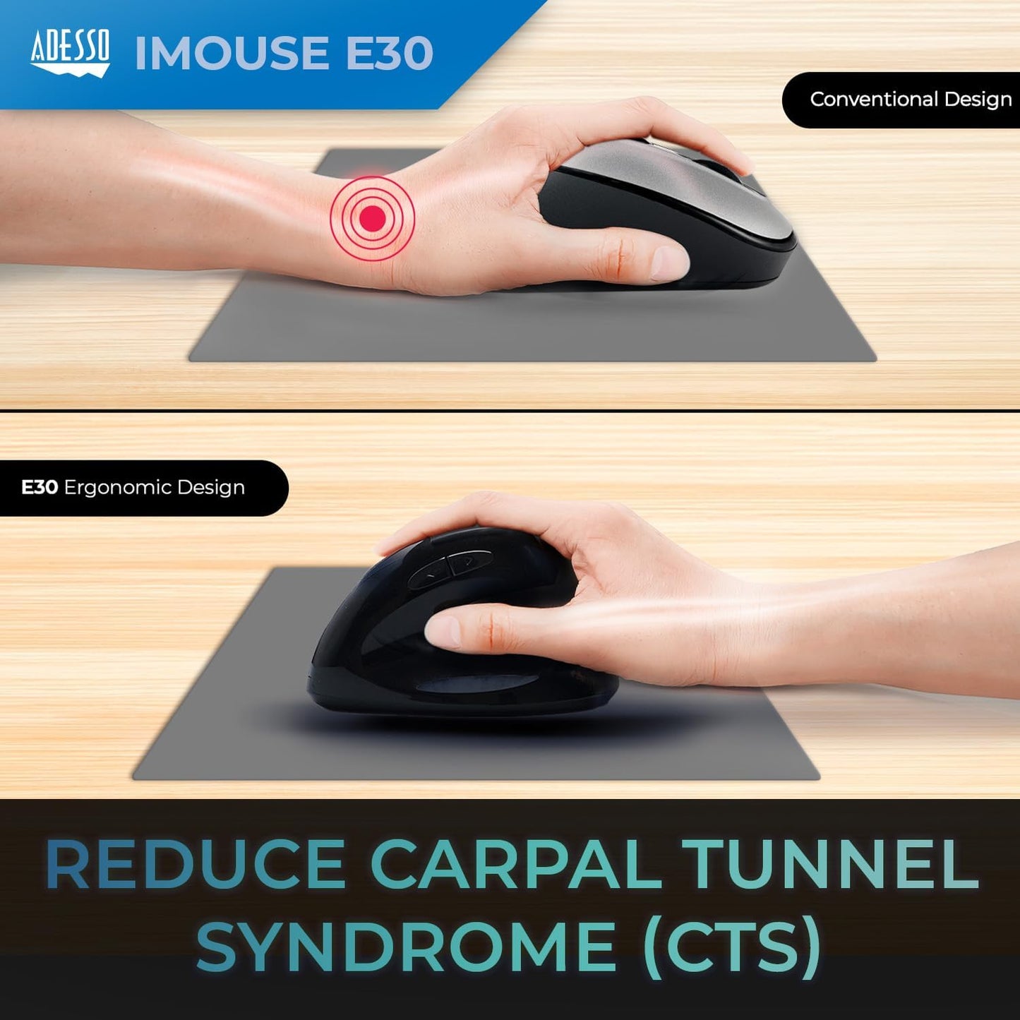 Adesso iMouse E30 2.4GHz Wireless Ergonomic Vertical Mouse Adjustable DPI Programmable Driver Optical Sensor Right Handed