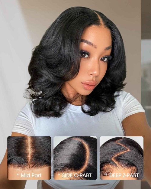 Layered Cut Curtain Bangs Face-Framing Bob Wig Human Hair 9x6 Glueless Wigs Human Hair Pre Plucked Pre Cut HD Lace 250 Density Loose Body Wave Ready to Wear Closure Wigs Human Hair for Women 14 Inch