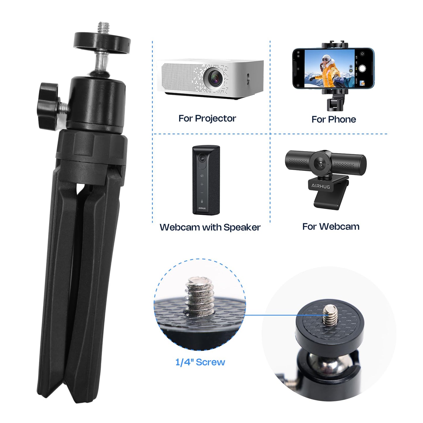 AIRHUG Mini Tripod, Desktop Stand, Portable, Compact, with 1/4" Screw, 360 Tripod Ball Head, Suitable for Cameras, Webcams, Ring Light