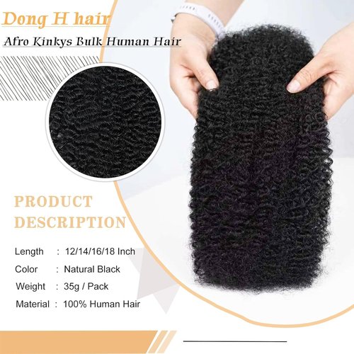 Dong H hair Afro Kinkys Bulk Human Hair 22 Inch for Braiding Afro Kinky-Curly Human Hair Bulk For Mini Twist, Repair Locs Hair Bulk Human Braiding Hair for Micro Dreadlocs Extensions(1B,35g/pack)