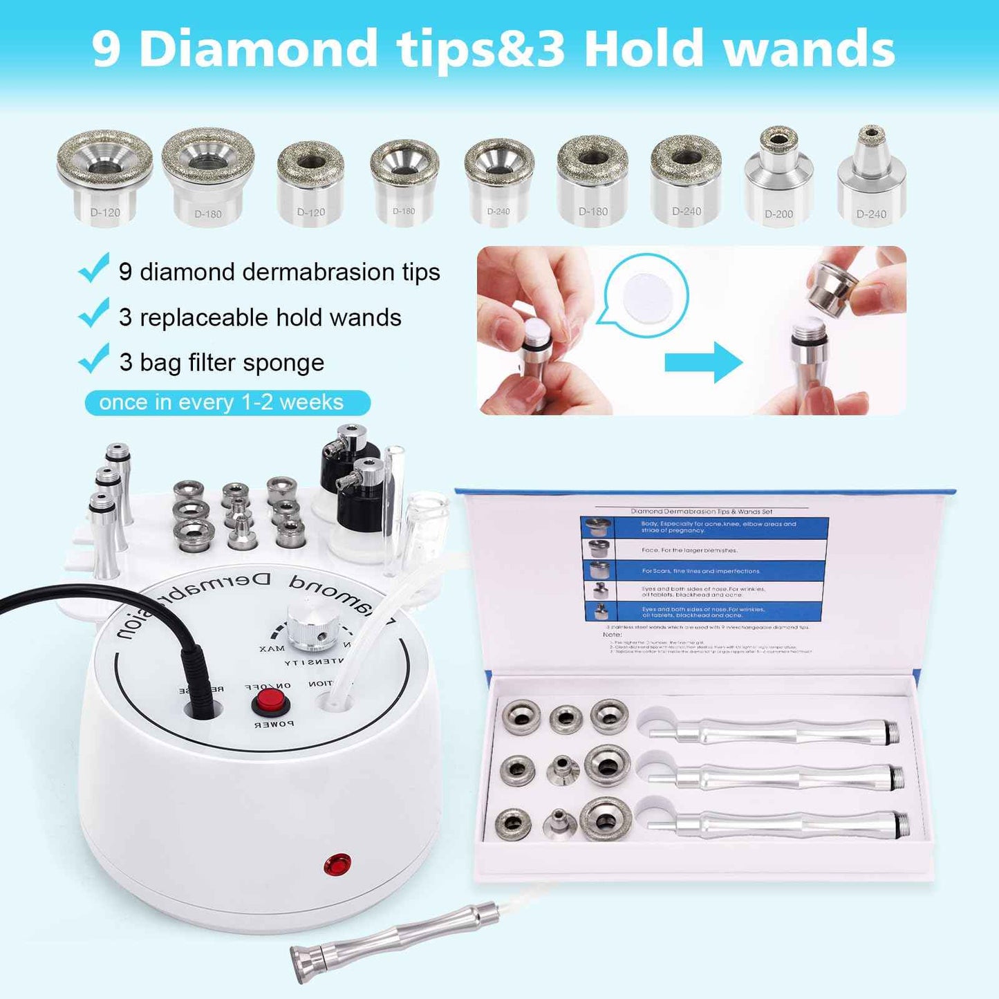 3 in 1 Diamond Micro DermaBrasion Machine, Mcwdoit Professional Dermabrasion Facial Skin Care Device with Wand, Spray Bottle and Vacuum Glass Tube for Personal Home Beauty Salon Use