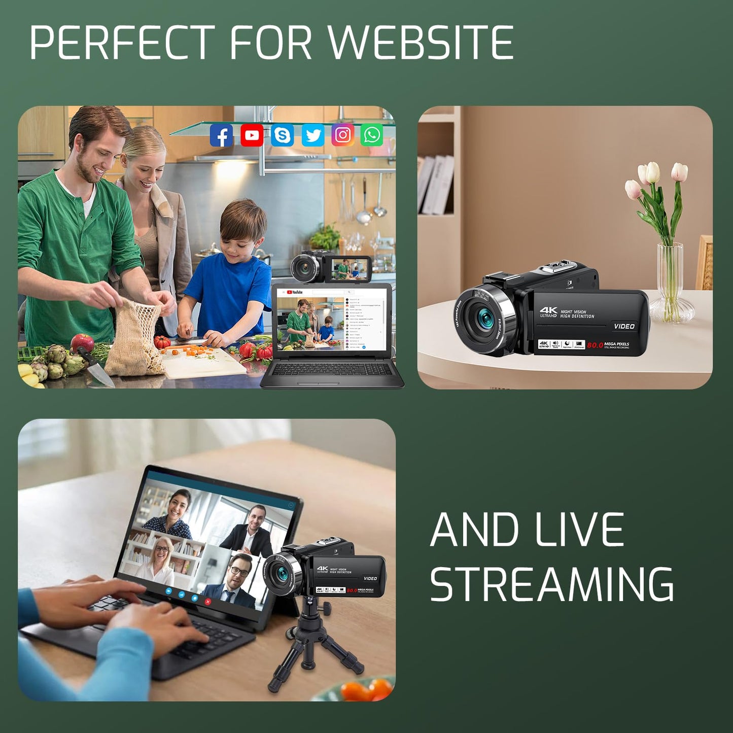 4K Video Camera Camcorder Ultra HD 80MP Vlogging Camera for YouTube 18X Digital Zoom 3.0" IPS 270° Screen IR Night Vision Camcorder Recorder with 32GB SD Card, Lens Cap and 2 Batteries
