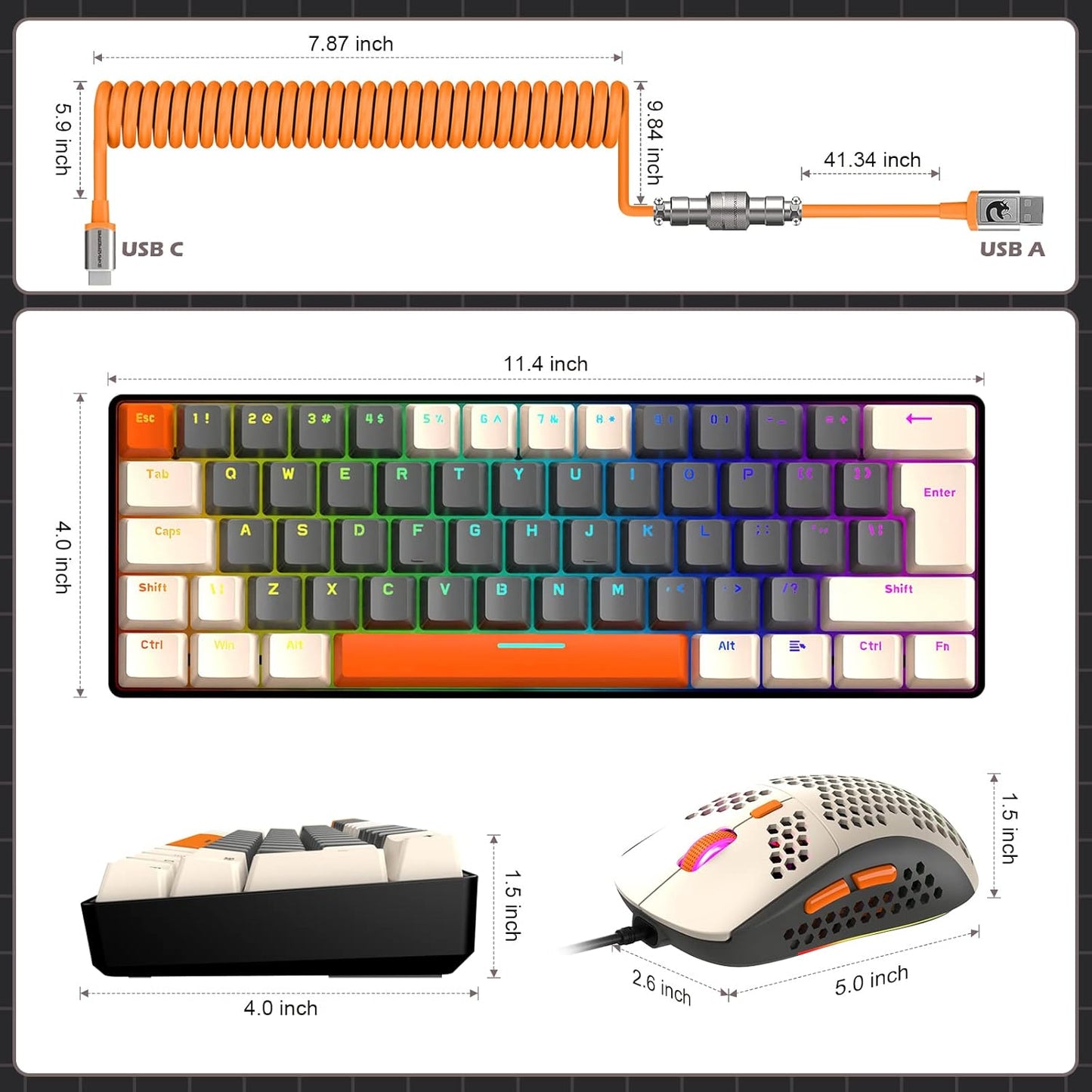 ZIYOU LANG RK-T60 Wired Mechanical Gaming Keyboard and Mouse Combo Portable with Rainbow Backlit 62Key NKRO 6400DPI RGB Honeycomb Mice Coiled Aviator Cable for PS4/PC/WIN Gamer(Light Gray/Red Switch)