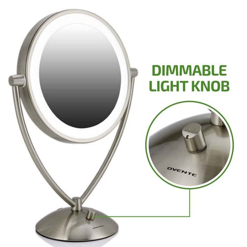 Ovente Lighted Tabletop Makeup Mirror 9.5 Inch LED Dimmable 1X 5X Magnifier 360 Adjustable Double Sided Battery USB Operated Bedroom Lamp Vanity Cosmetic Professional Large Nickel Brushed MLT45BR1X5X