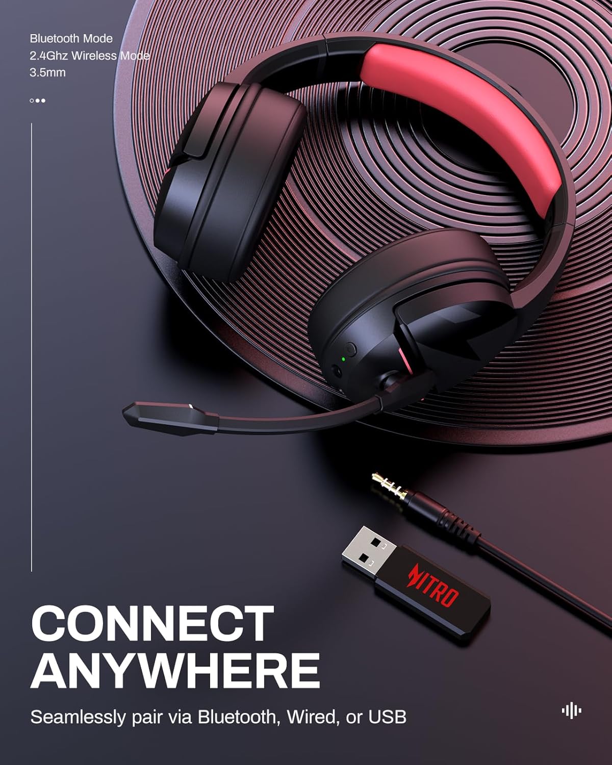 acer Wireless Gaming Headset, PS5 Headset with 2.4GHz for Ps5, Ps4, PC, Switch, Bluetooth 5.3 + 100Hrs Gaming Headphones with Noise Canceling Mic for Laptop, Mobile, Mac, 50mm Drivers (Red)