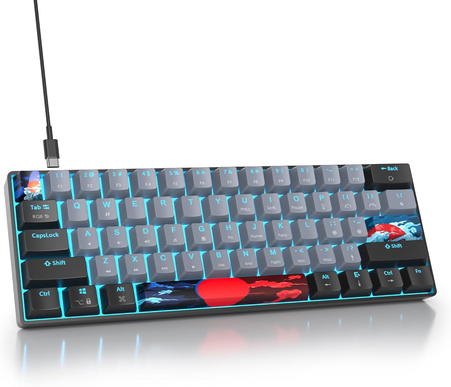 60 Percent Keyboard Mechanical RGB Backlit Wired 60% Gaming Keyboard Blue with PBT Keycaps for Windows PC Gamers (Sea/Red Switch)