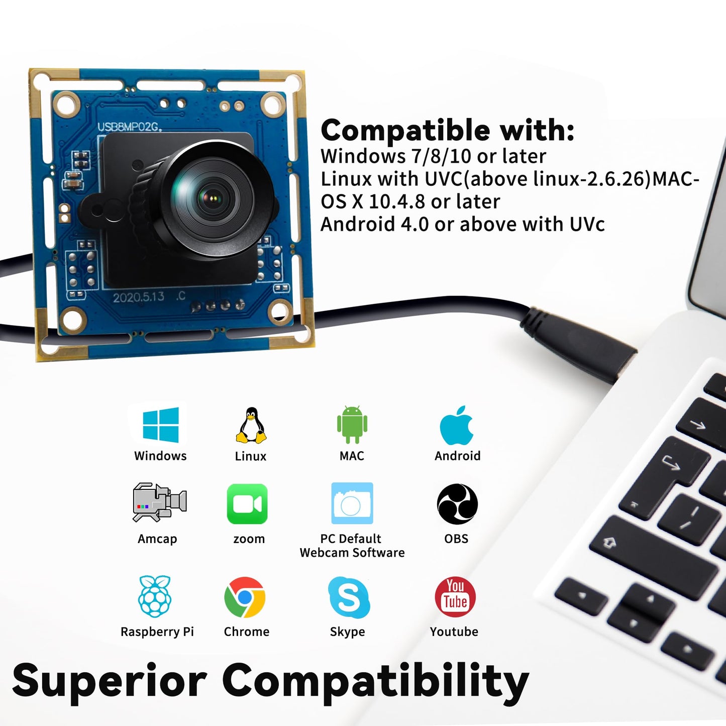 ALPCAM USB Camera Module 8MP No Distortion 75 Degree Lens Full HD 2448P Webcam,UVC Compliant Webcam for Windows/Linux/Mac,Embedded Camera for Industrial,Robot,3D Printer