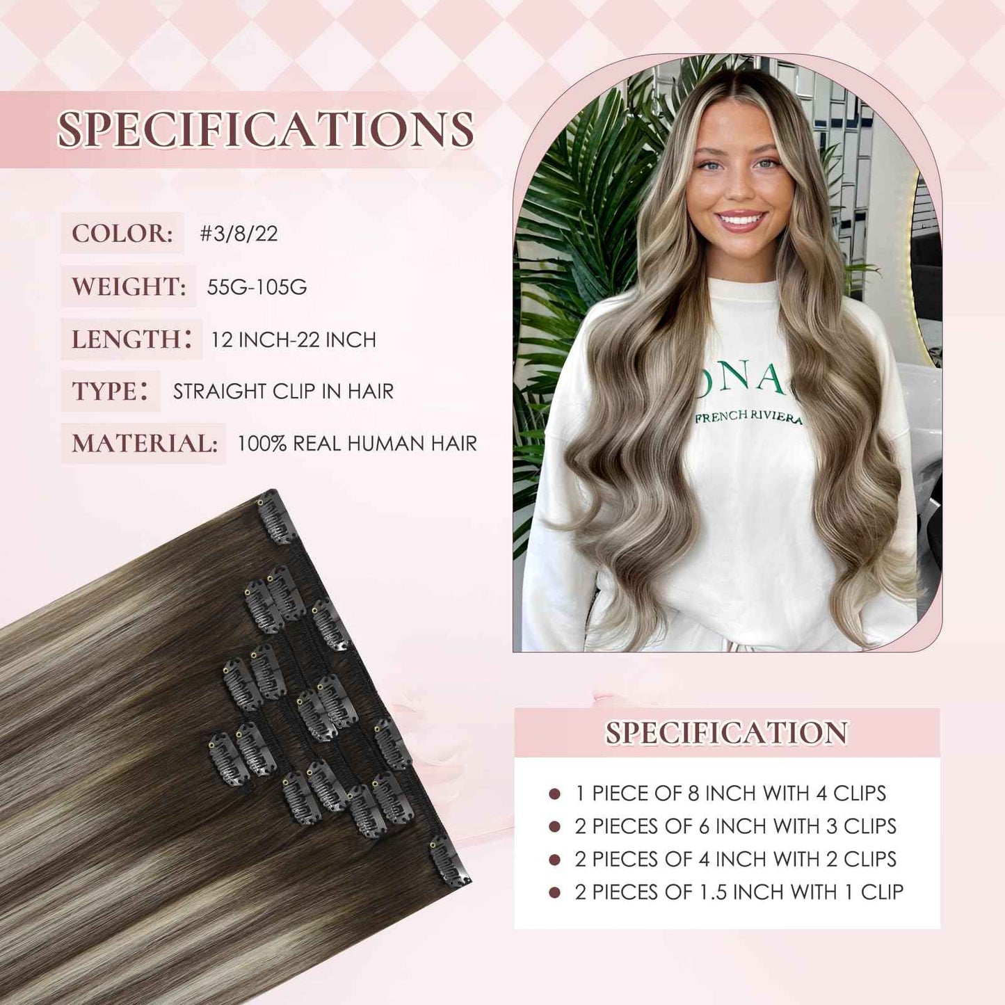 Hyssiet 20 Inch Clip in Real Human Hair Extensions, Balayage Walnut Brown to Ash Brown Mix Light Blonde, Remy Thick Invisible Straight Clip Hair,Seamless, 95 Gram 7 Pieces With 16 Clips