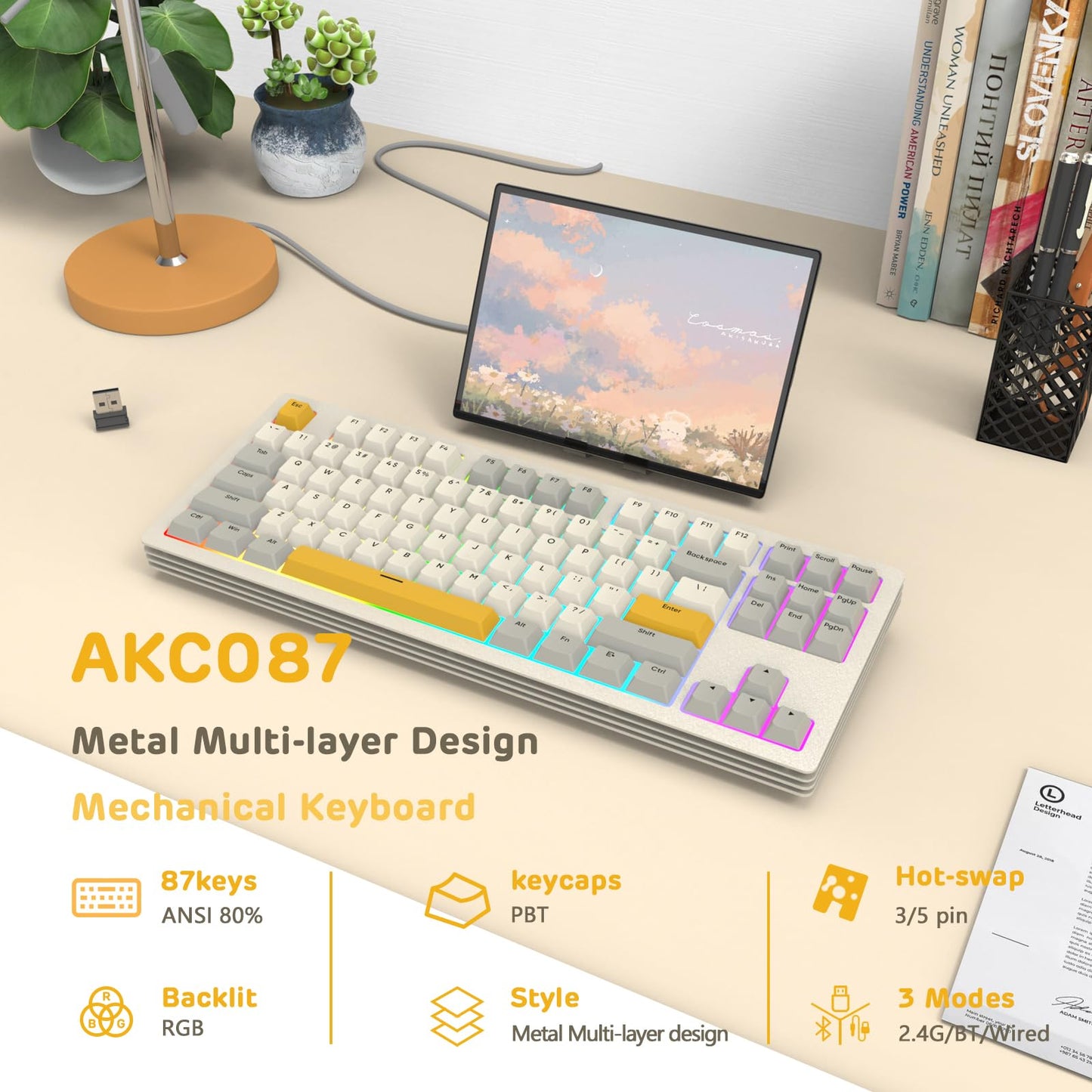 A.JAZZ AKC087 Mechanical Keyboard, Tri-Mode Wireless, Multi-Layer Metal Base, Compact 87 Keys TKL Layout, Retro Tricolor, Hotswappable RGB, for Win/Mac