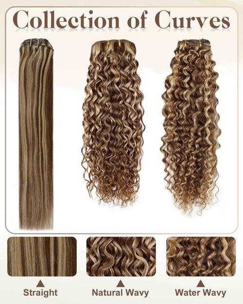 Hetto Curly Clip in Hair Extensions Clip ins Human Hair Deep Wavy Curly 120g #P4/27 Raddish Brown Mix Blonde Hair Extensions Curly 16 Inch 7Pcs