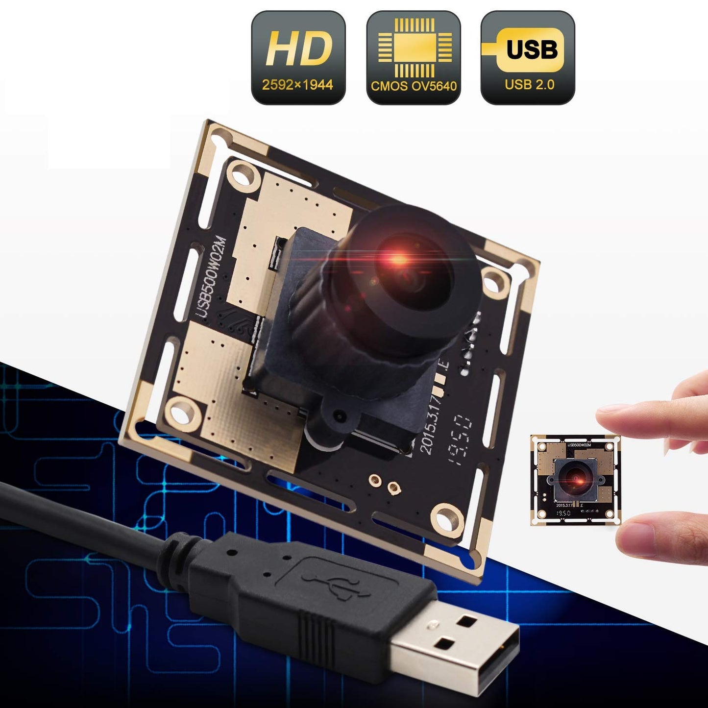 5 Megapixel USB Camera Module HD 2592X1944 Webcamera with CMOS OV5640 Sensor, Machine Vision Mini Webcam for Windows Mac Andriod Linux,Plug&Play,OTG Camera (2.1mm Lens)