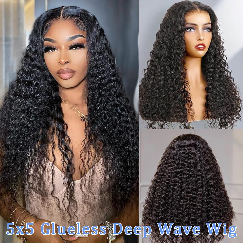 Pinketer Glueless Wigs Human Hair Pre Cut 5x5 Lace Closure Deep Wave Wig 180% Density Wear and Go Human Hair Curly Wigs for Black Women Natural Black Color Small Head Friendly 28Inch