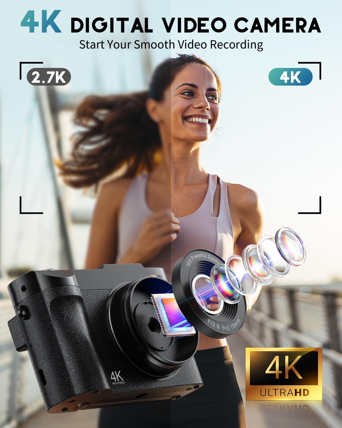4K Digital Camera for Photography, 50MP Vlogging Camera for YouTube, Compact Cameras with 2.8" 180° Flip Screen, 16X Digital Zoom, Point and Shoot Camera with 32GB SD for Beginners, Travel, Family