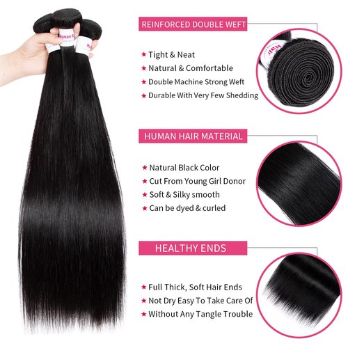 Klinner 12A Straight Bundles Human Hair 22 24 26 Inch 100% Unprocessed Brazilian Virgin Hair Bundles Straight Hair 3 Bundles Weave Bundles Human Hair Extension