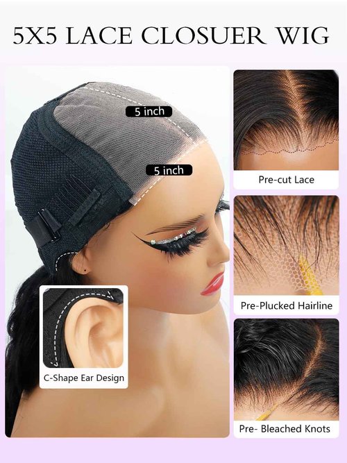 Tahikie Glueless Wigs Human Hair Pre Plucked Pre Cut 220% Density 16 Inch 5x5 HD Lace Closure Wigs Human Hair Body Wave Lace Front Wigs for Beginners Ready to Go Wig Natural Color