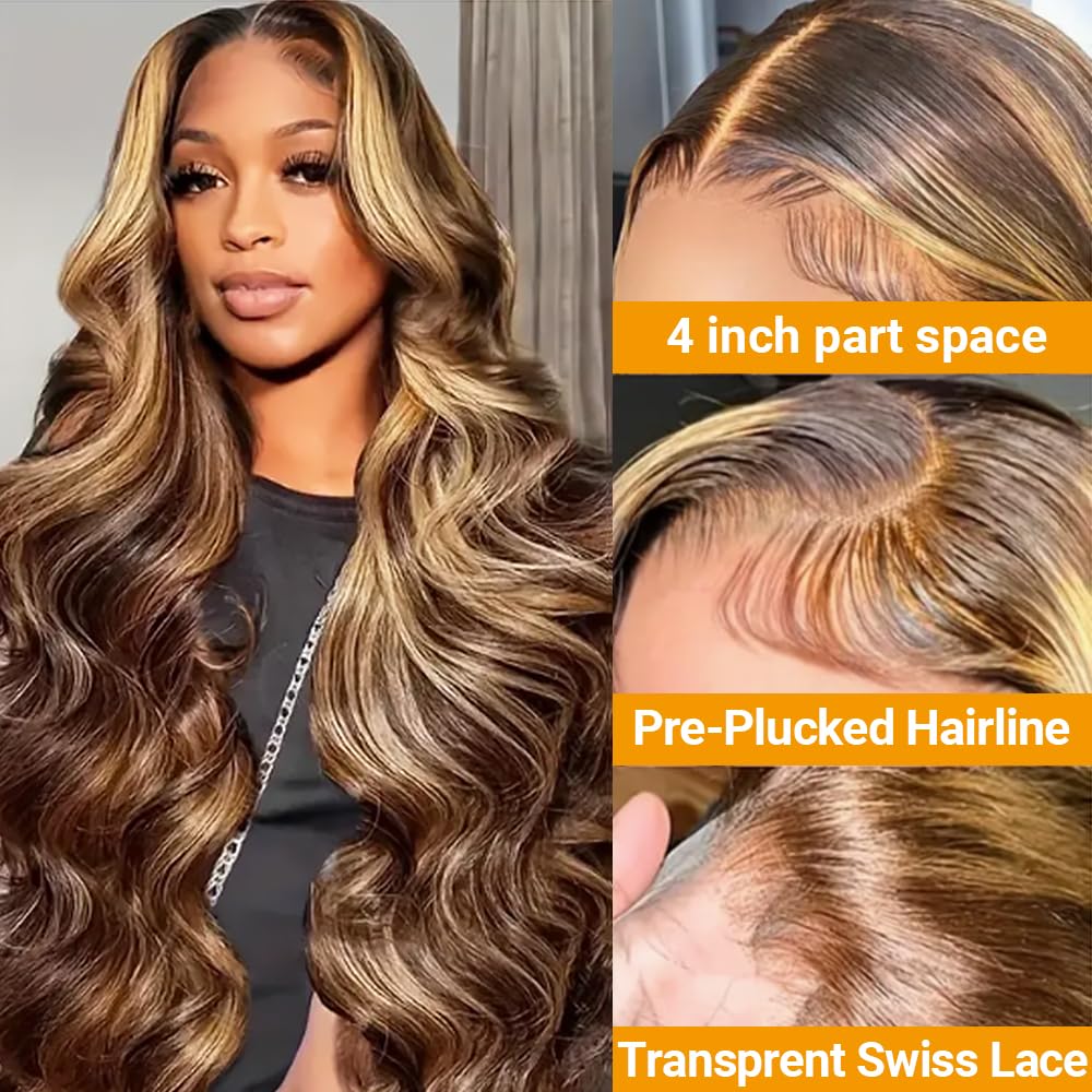 13x4 Lace Front Wigs Human Hair Body Wave Honey Blonde Wigs Human Hair Pre Plucked Honey Blonde 4/27 Colored Wig HD Transparent Lace Frontal 13x4 Body Wave Wigs Pre Plucked With Baby Hair 30Inch