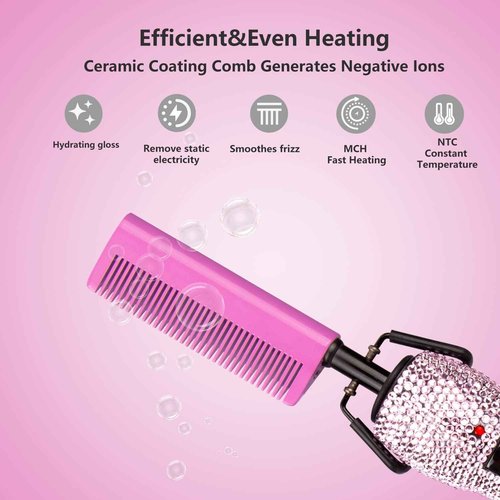 LURA Pink 180-500°F Hot Comb Electric for Wigs,Straightening Comb for African American Hair,Pressing Combs,Bling Diamonds Hair Straightener Brush for Women