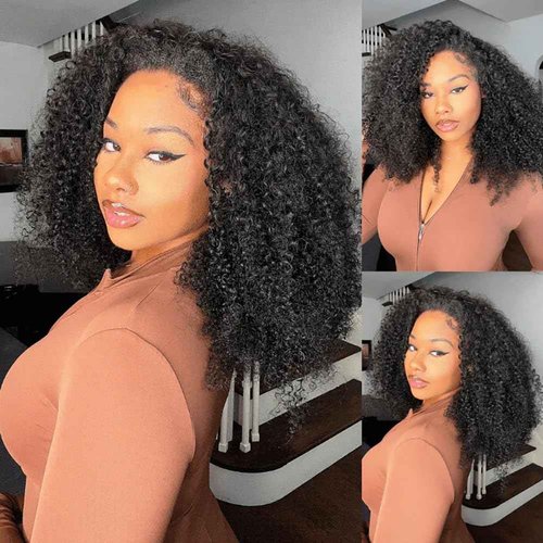 QUANDIAN Kinky Curly 3 In 1 Half Wig Human Hair 200% Density Wear Go Glueless Wigs Human Hair for Women 16 Inch Afro Curly Seamless Flip Wig Invisible Hairline Beginner Friendly