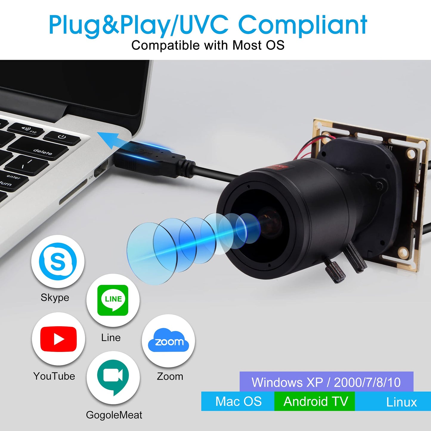 960P Low Light USB Camera Module Manual Zoom 2.8-12mm Lens for Computer Mini UVC USB2.0 Webcam Board 1.3megapixel 0.01Lux Low Illumination USB with Camera AR0130 PC Lightburn Camera for Laptop