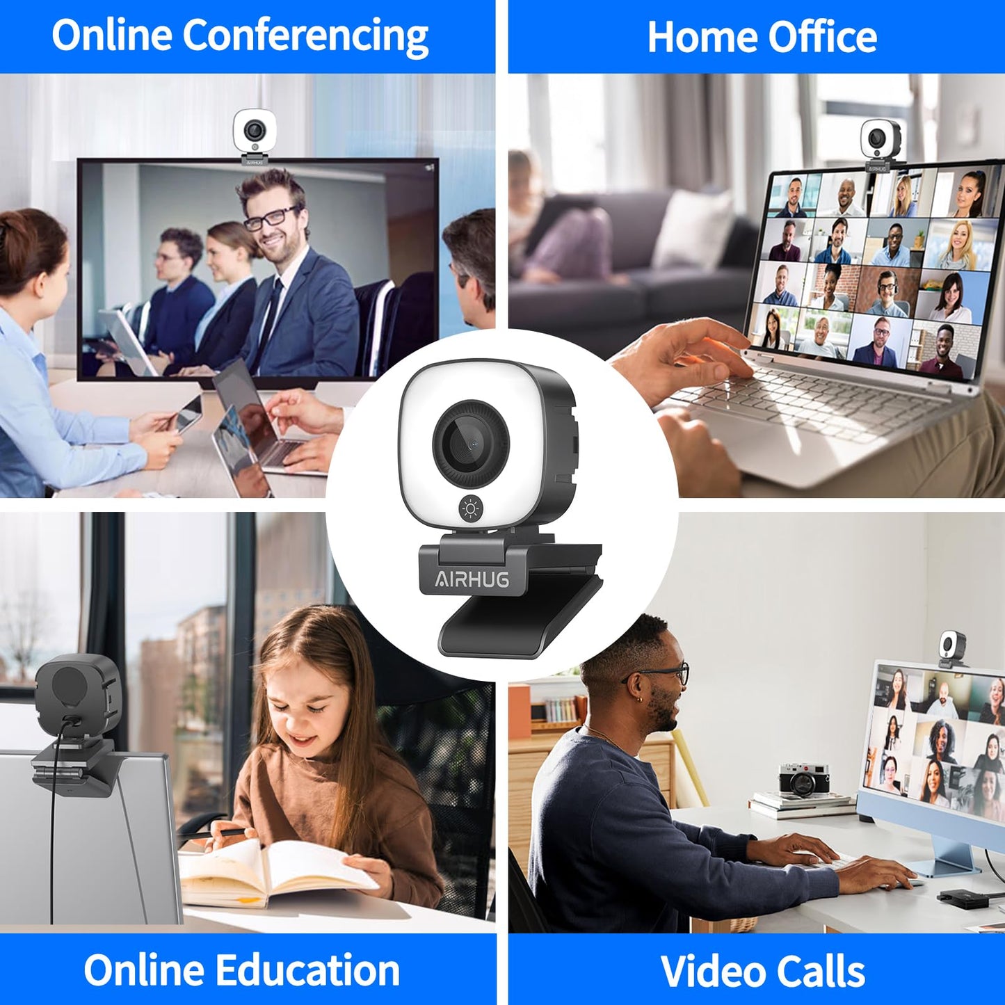 AIRHUG 4K Webcam, Webcam with Microphone, Adjustable Light Computer Camera with Privacy Cover, USB Plug and Play for Laptop Video Calling